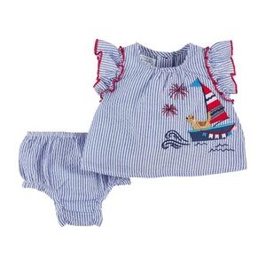 Mud Pie Red, White and Blue Sailboat Dog Seersucker Set